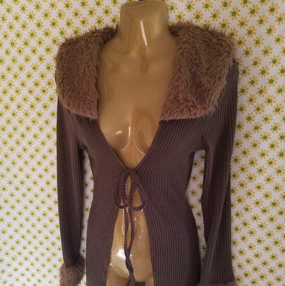 NEW Sexy Brown Stretch Midi SOFT Tie cardigan Faux Fur Collar Cuffs
